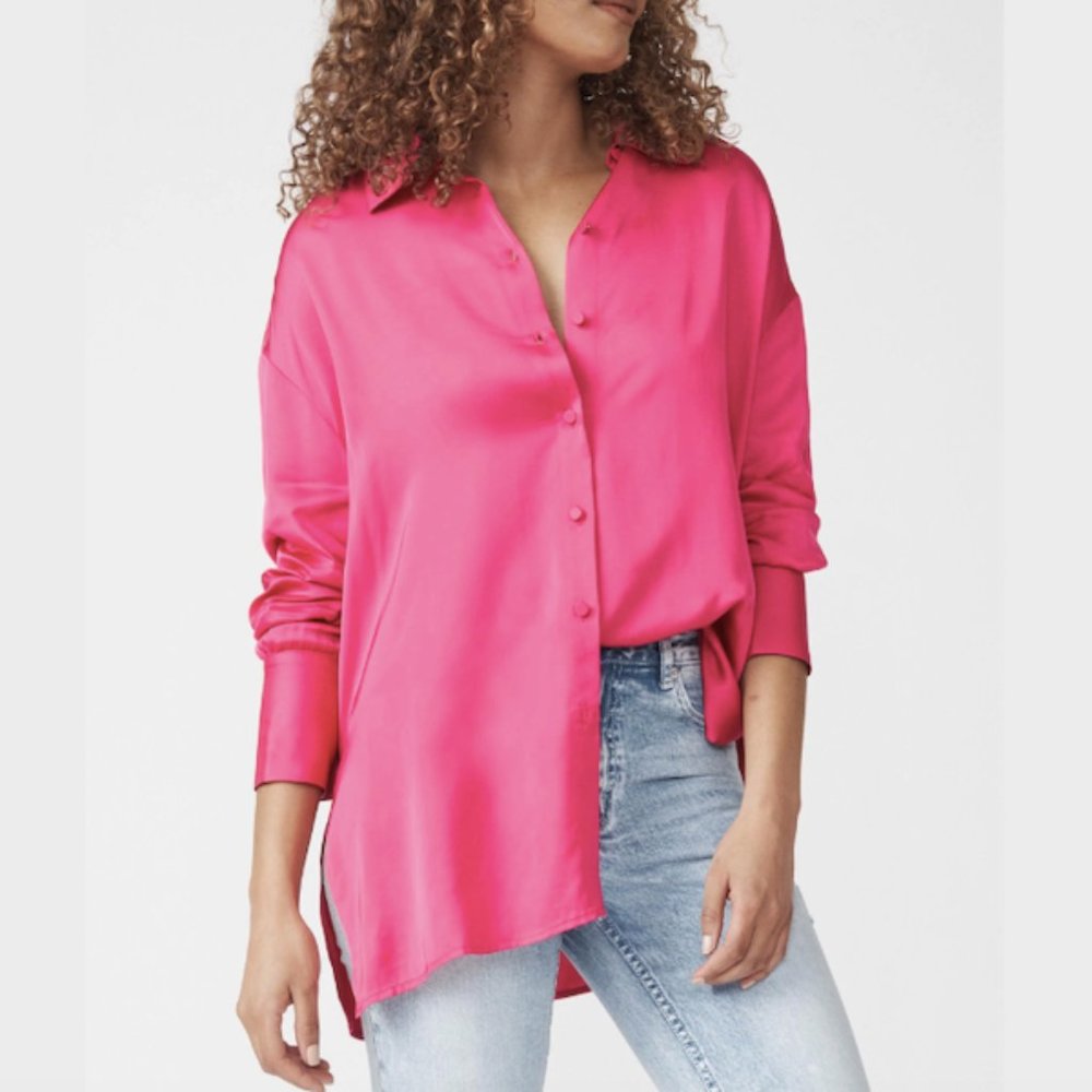 Decjuba Pink Fuchsia Demi Oversized Satin Shirt Blouse Top Size M Long Sleeve - Picture 1 of 15